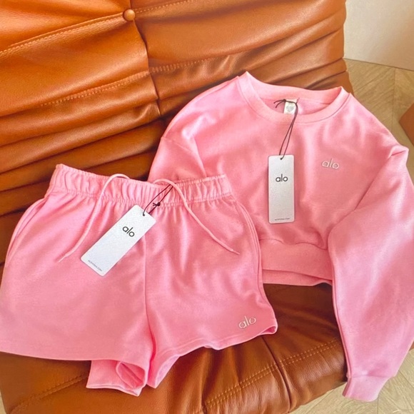 ALO Yoga Tops - ALO Yoga Pink Cropped Sweatshirt and Drawstring Shorts Set
